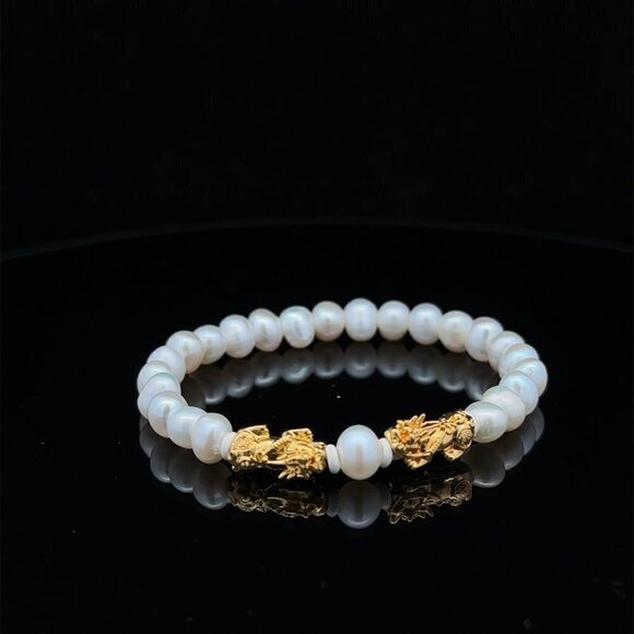 18K Gold Dragon Pixiu Double Piyao Bracelet Gemstones Pearl June Birthstones 6mm - Picture 6 of 6